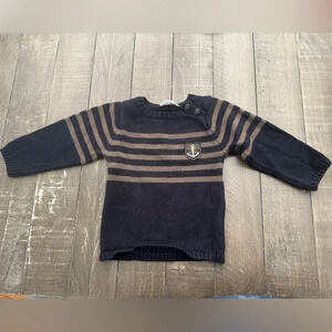 JACADI PARIS Boys 18months‎ Striped Black And Green Crest Wool Blend Sweater